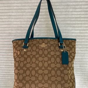 COACH HANDBAG F55364 OUTLINE SIGNATURE ZIP TOP TOTE Khaki Teal